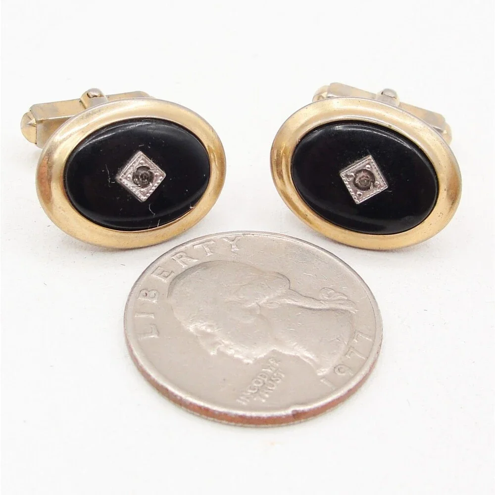 Vintage Anson Gold Tone Black Onyx Diamond Accent Cufflink Oval Retro MCM